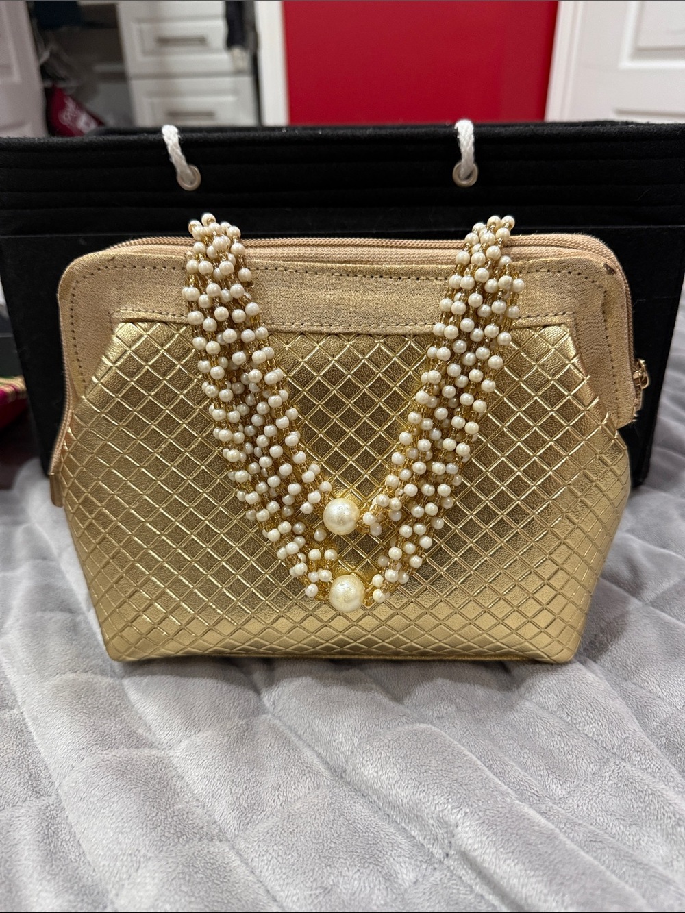 Gold Quilted Women’s Evening Clutch with Pearl Accent